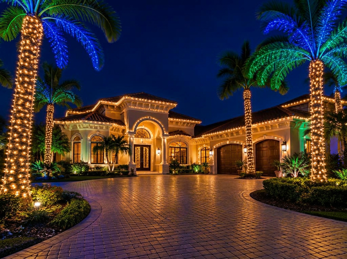 Grand Florida home with a curved driveway, palm trunks in warm white lights and fronds in blue and green
