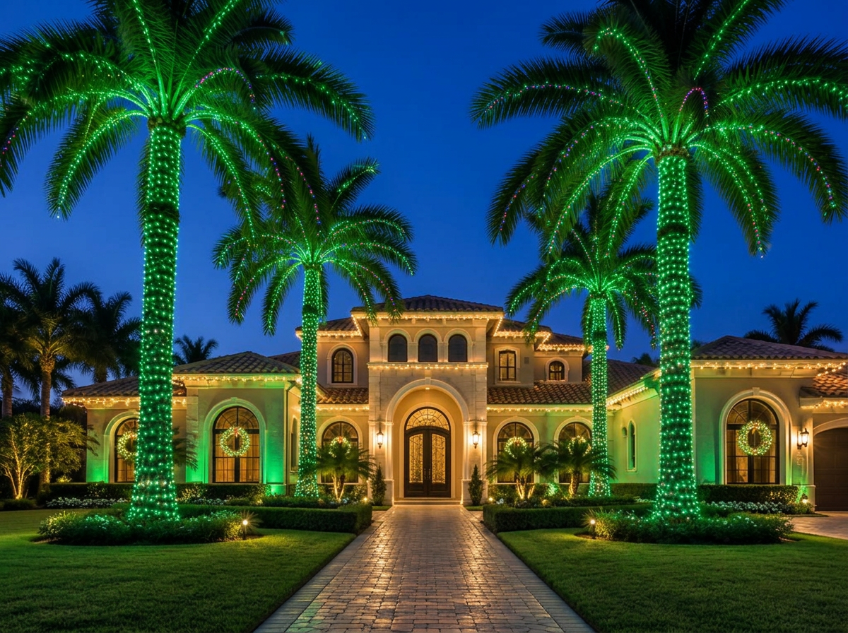 Mediterranean-style Palm Coast estate with palm trees fully wrapped in bright green Christmas lights and a warm white roofline