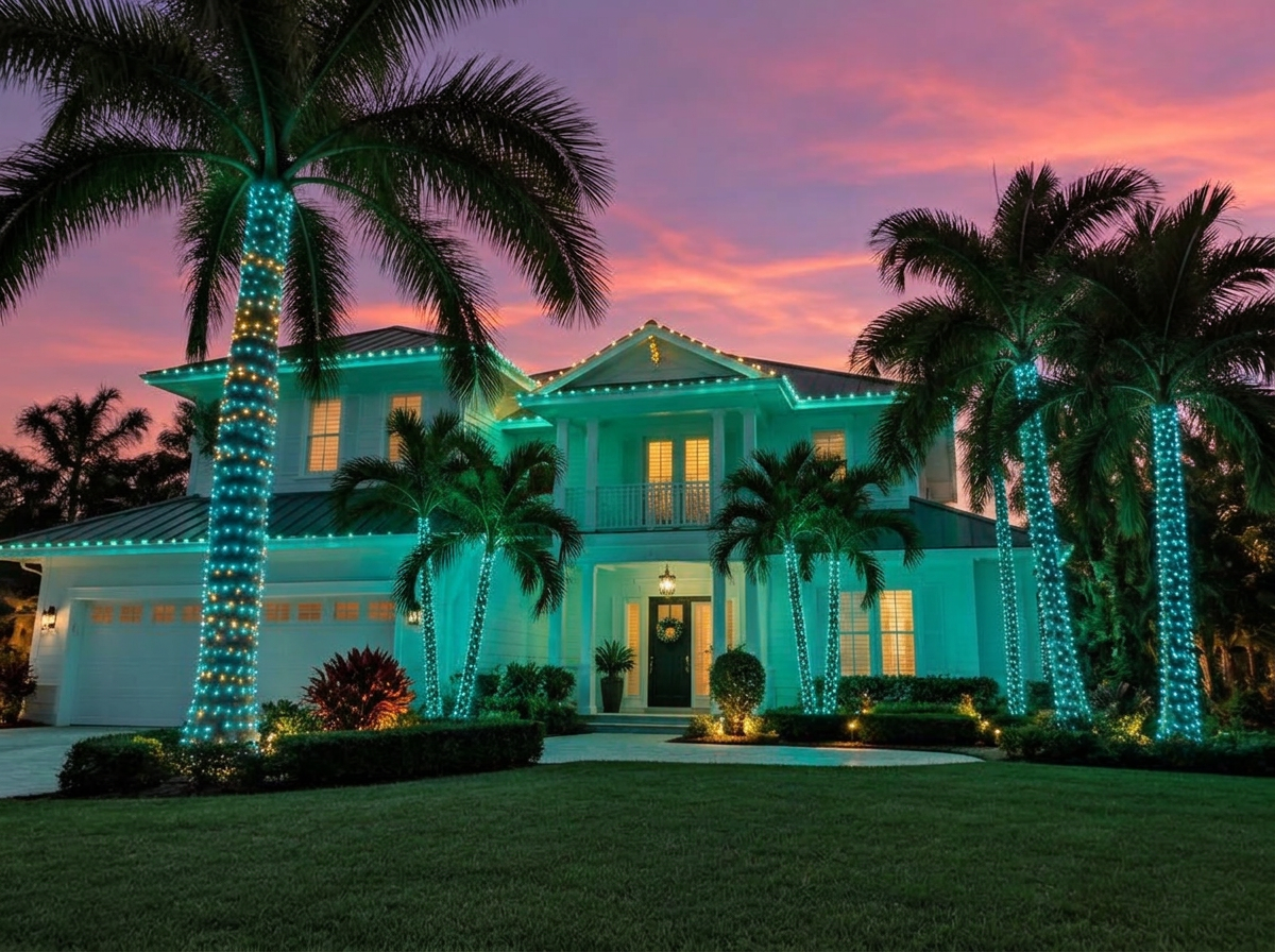 White Florida home at sunset with palm trees wrapped in teal holiday lights