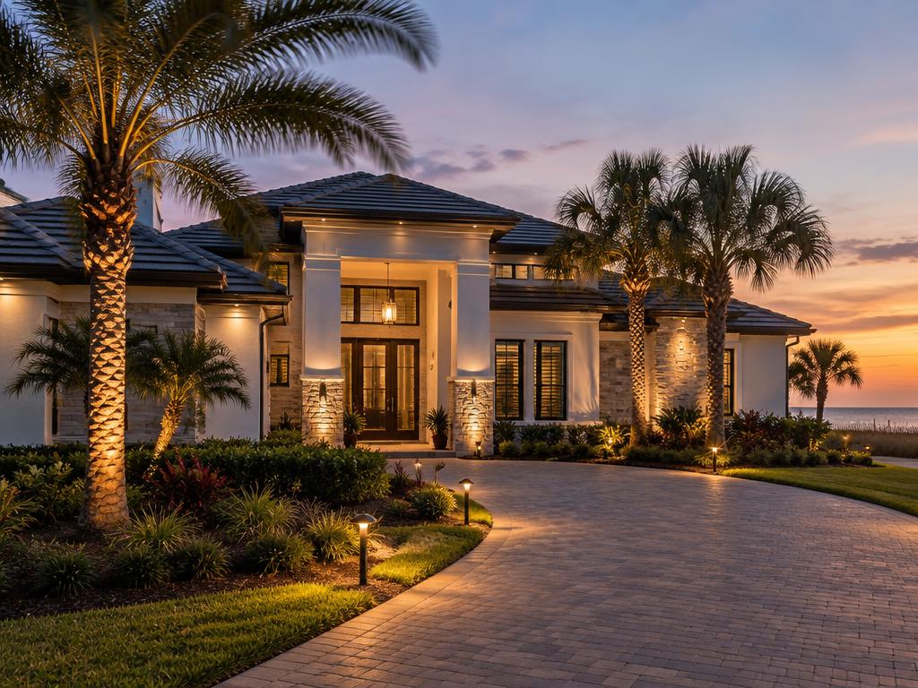 Coastal Florida home with architectural accent lighting and path lights along a paver driveway