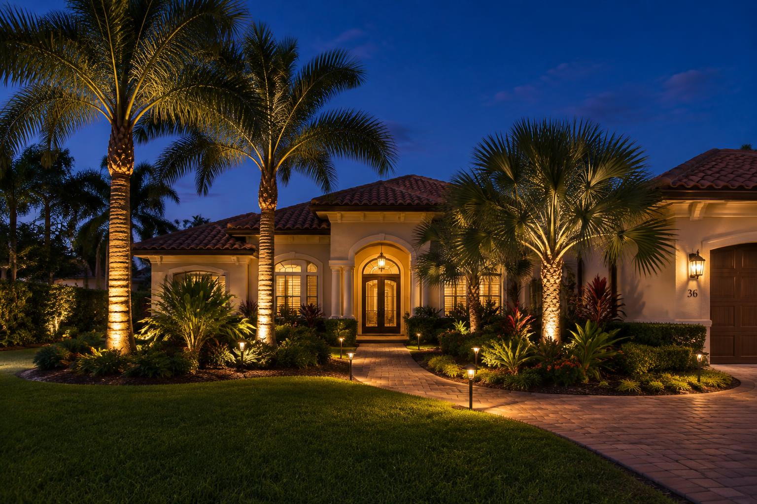 Palm Coast Mediterranean-style home at dusk with uplit palms and glowing pathway lights