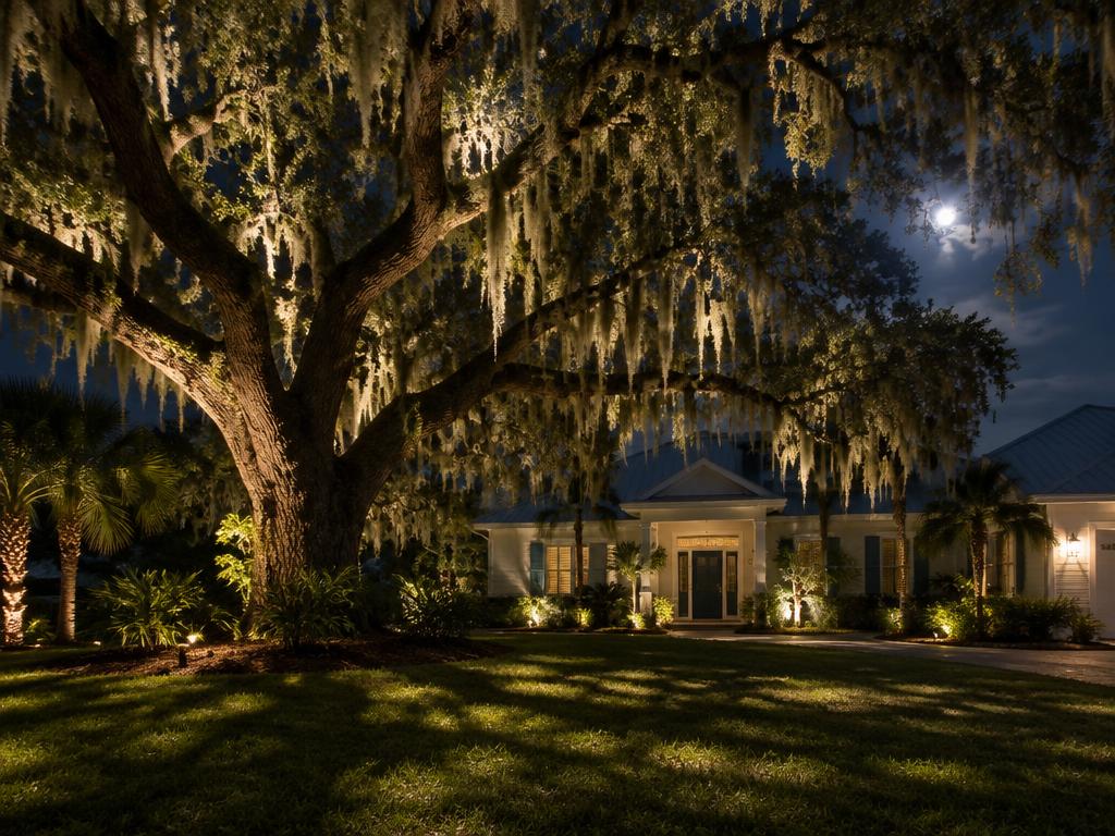 Spanish-moss live oak moonlit with soft landscape lighting in a Palm Coast front yard