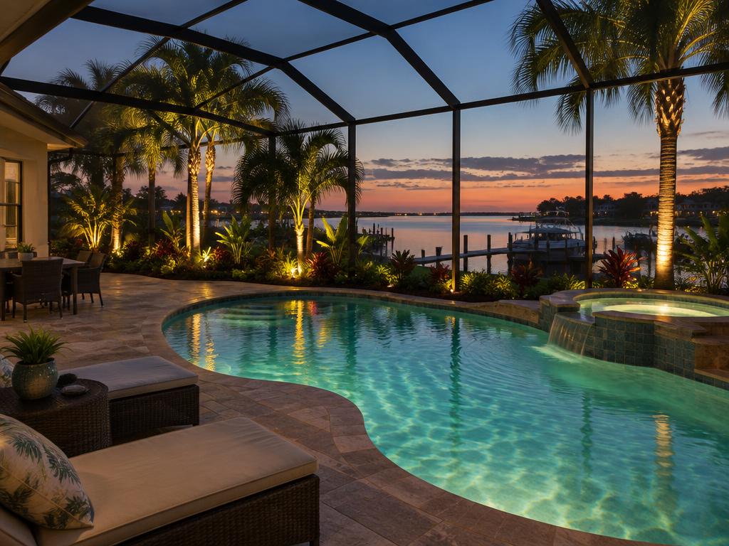 Palm Coast pool lanai with uplit palms and tropical plants overlooking the Intracoastal