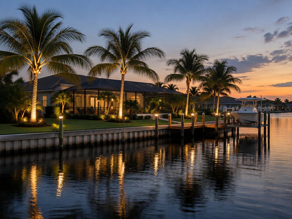 Palm Coast canal-front home with uplit coconut palms and dock lights reflecting on the water
