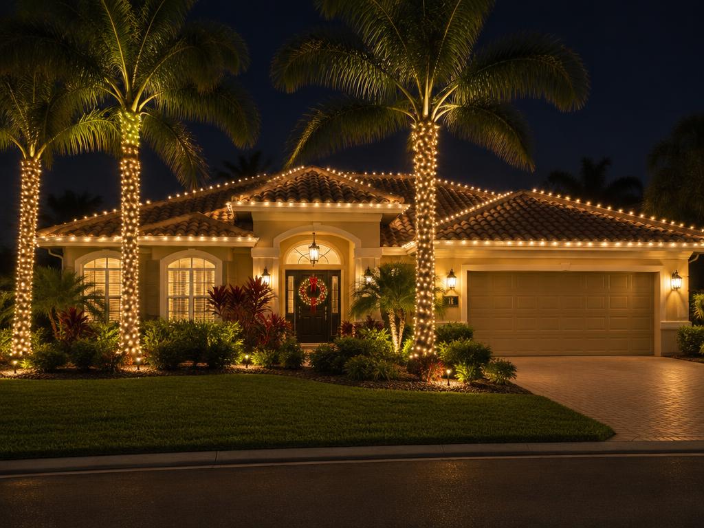 Palm Coast tile-roof home with warm white roofline lights, wrapped palm trunks, and a holiday wreath