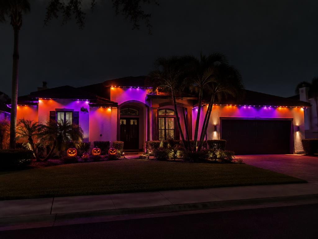 Florida home with permanent roofline lighting glowing orange and purple for Halloween